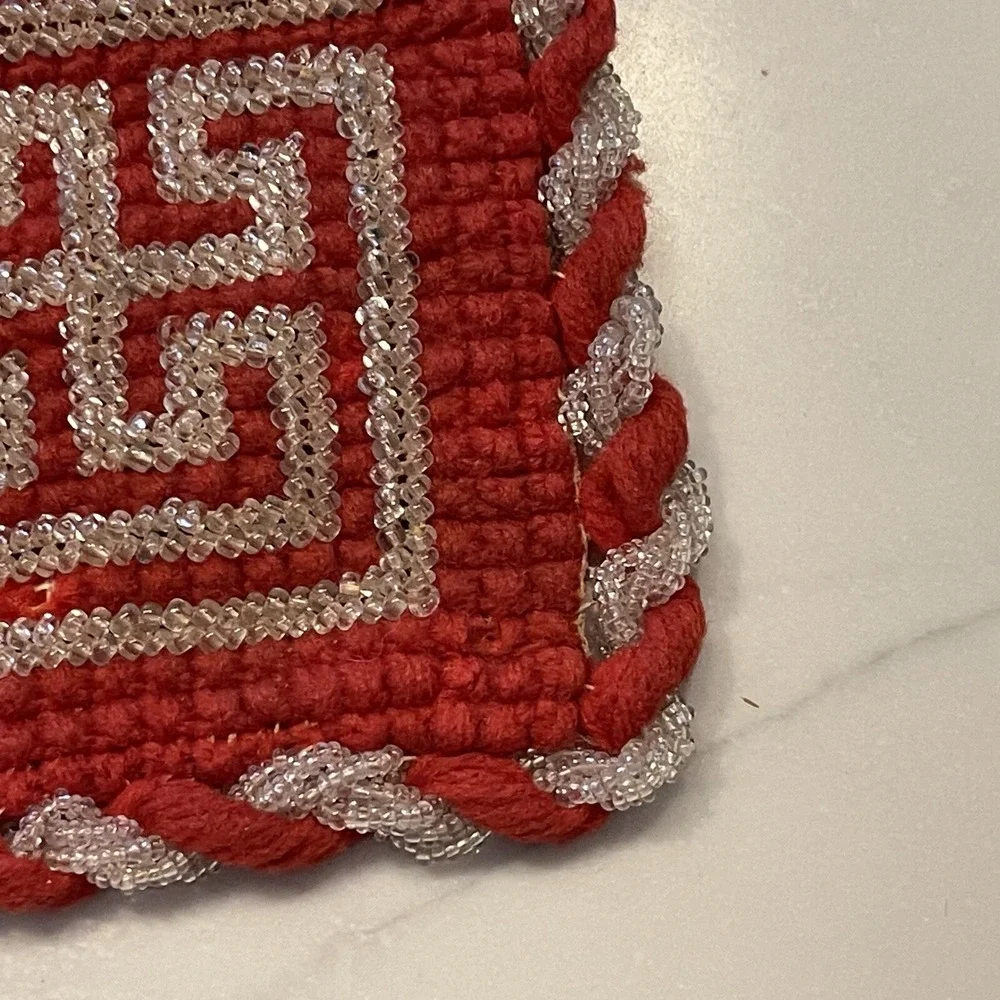 Table Mat Beaded Wool Good Luck Circa 1910 8.5